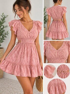 Pink Textured Mini Dress V Neck Ruffle Sleeve Drawstring Waist S